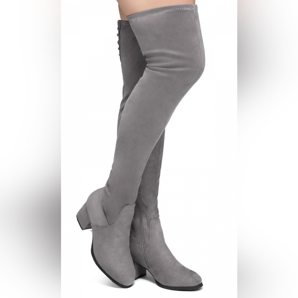 Gray over the knee heeled boots